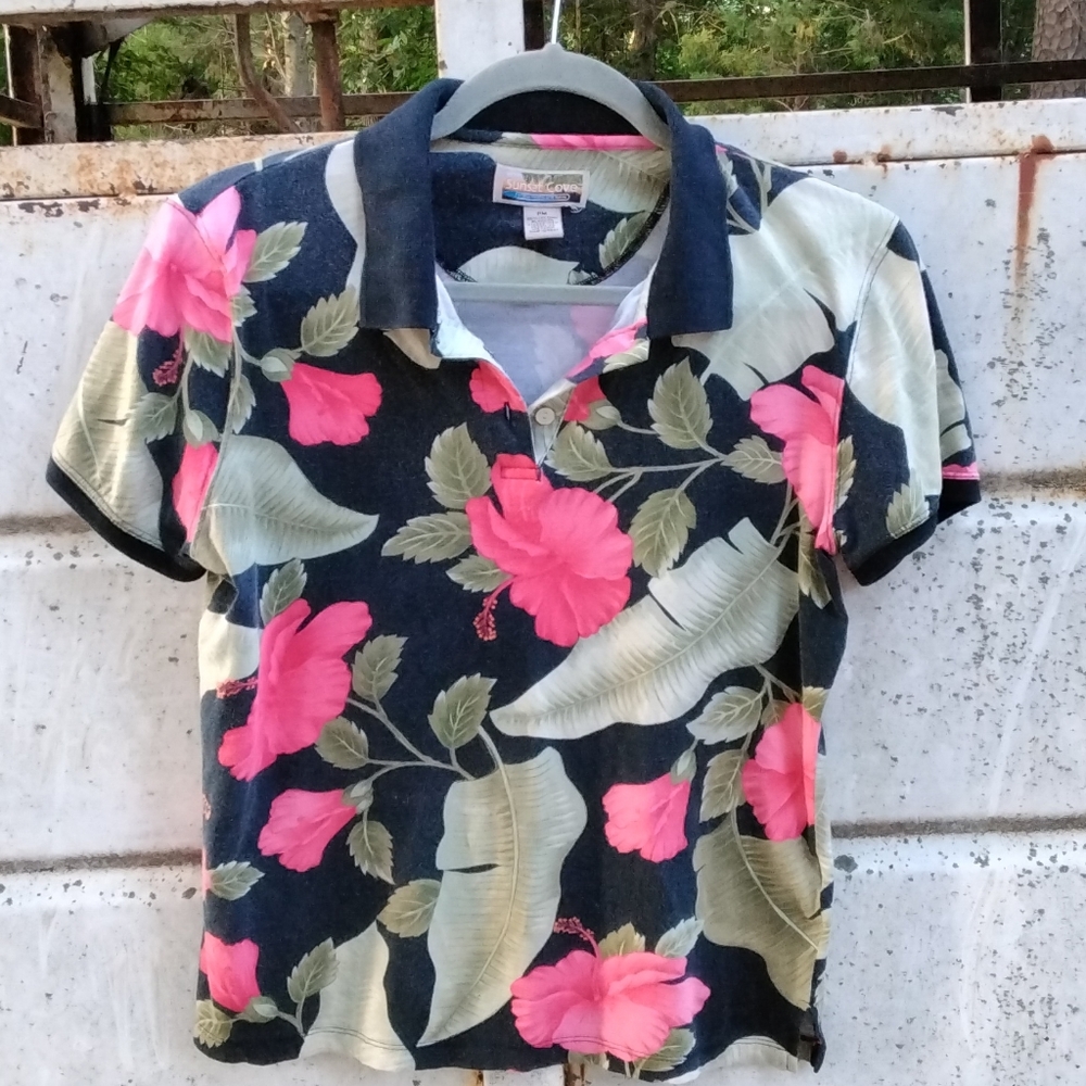Hawaiian Floral Polo with Pink Hibiscus